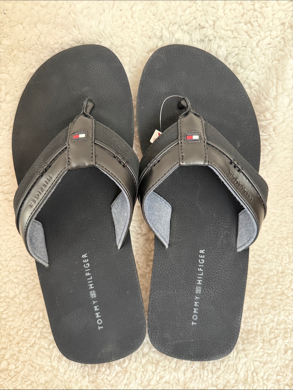 Tommy Hilfiger Men's Black Leather-Trim Flip Flops with Logo